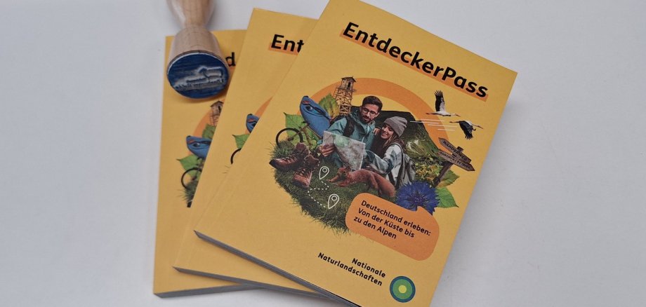 EntdeckerPass mit Stempel Drei EntdeckerPässe. Daneben der Stempel für den Naturpark Lüneburger Heide.