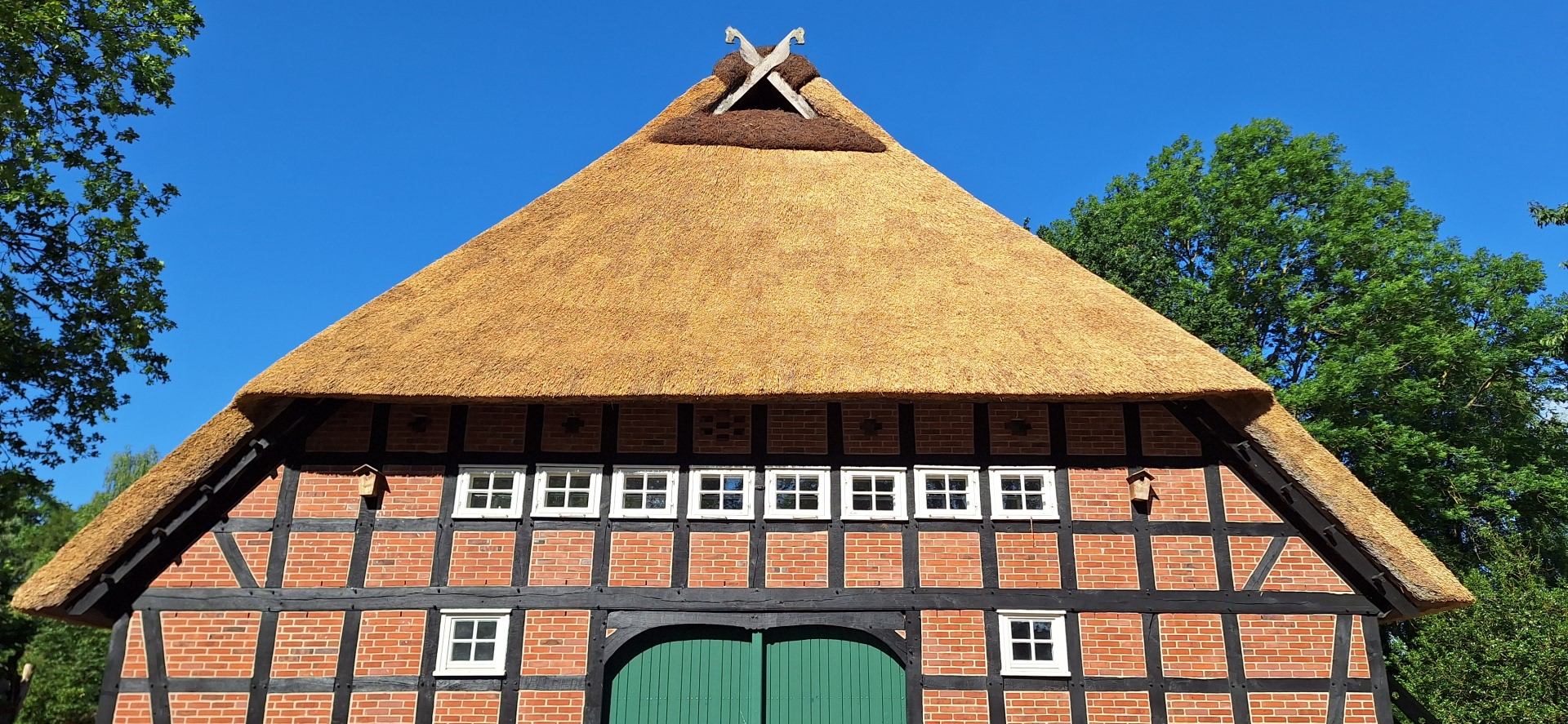 Frontansicht Vierständerhaus neues Reet