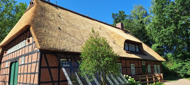 Seitenansicht Vierständerhaus mit neuem Reetdach Seitenansicht Vierständerhaus mit neuem Reetdach