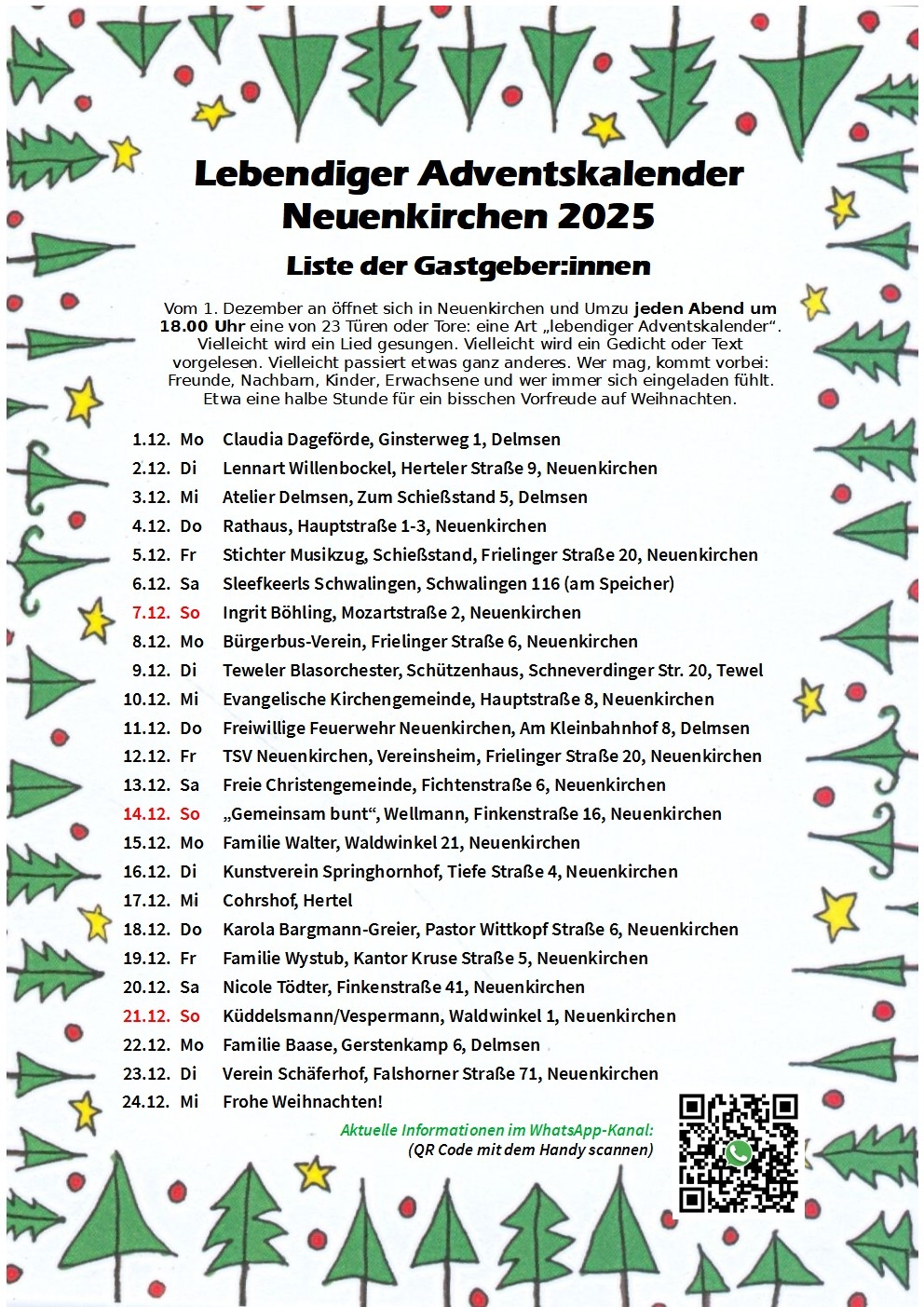 Das Programm des "lebendigen Adventskalenders" Neuenkirchen 2025