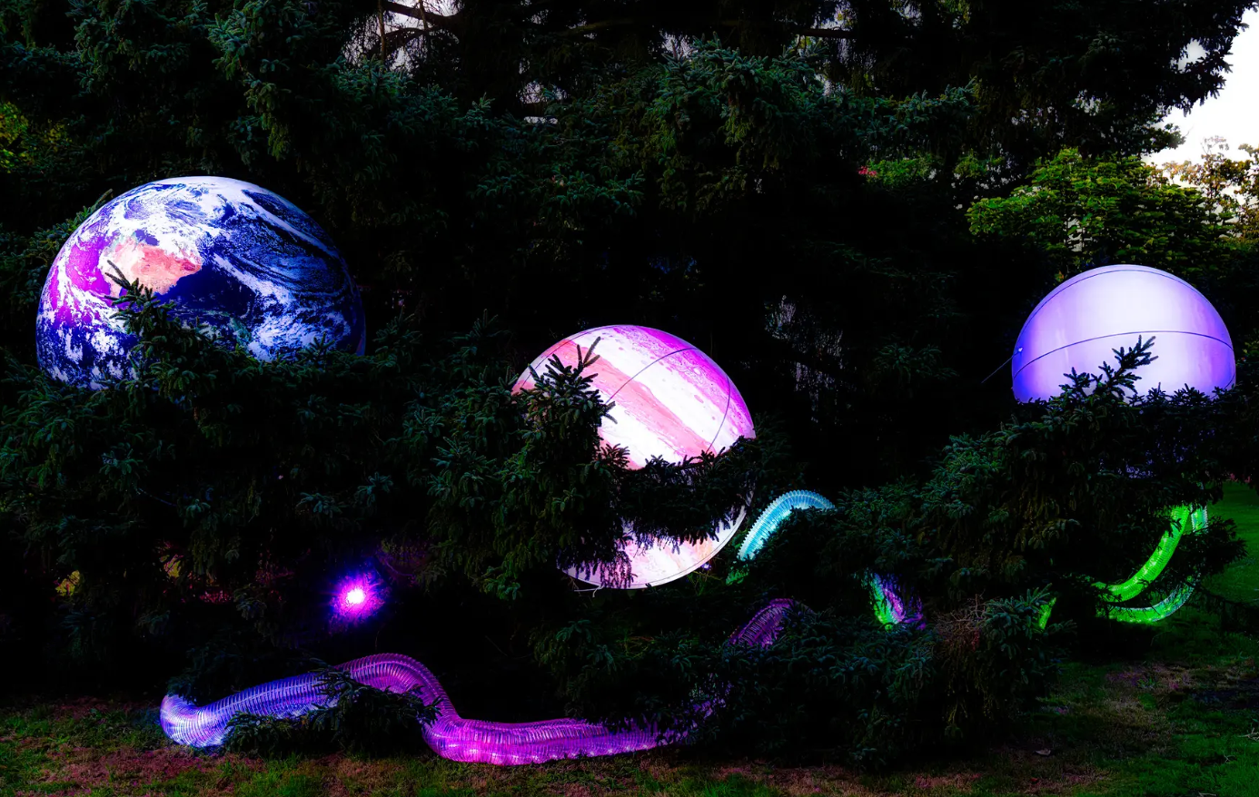 Kleines Fest in Breidings Garten Lichtinstallation in einem Baum. Drei leuchtende Planeten.