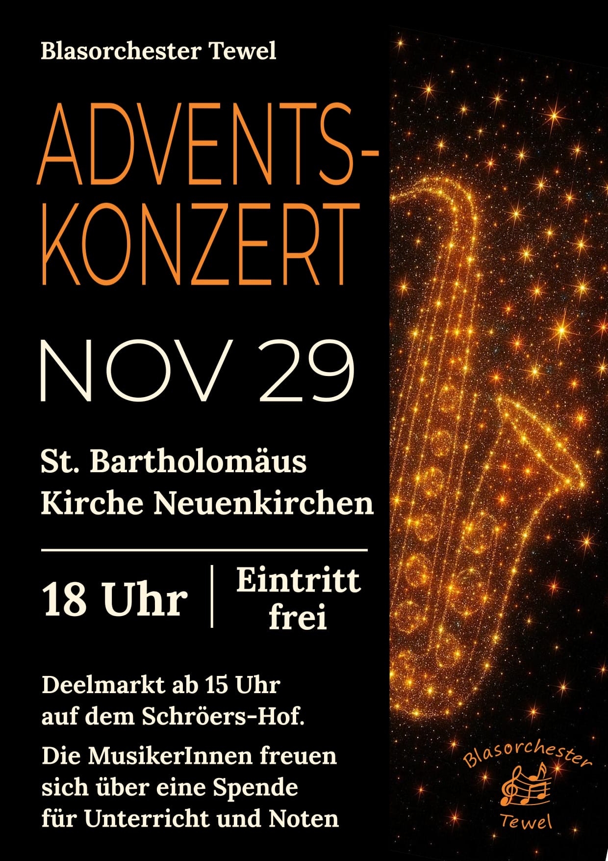 Adventskonzert 2025 - Plakat Plakat für das Adventskonzert des Blasorchesters Tewel in der St. Bartholomäus Kirche am 29. November 2025