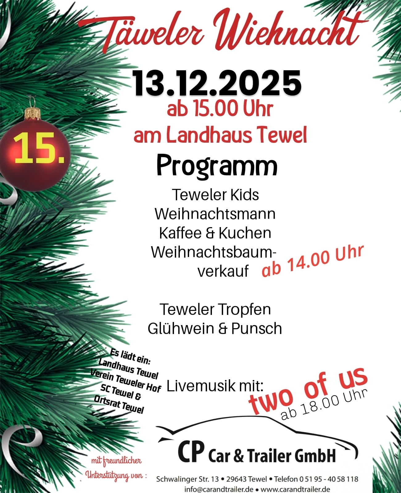 Flyer für die Täweler Wiehnacht am 13.12.2025 ab 15 Uhr am Landhaus Tewel. Mitwirkende, Programm und Sponsoren werden geschildert.