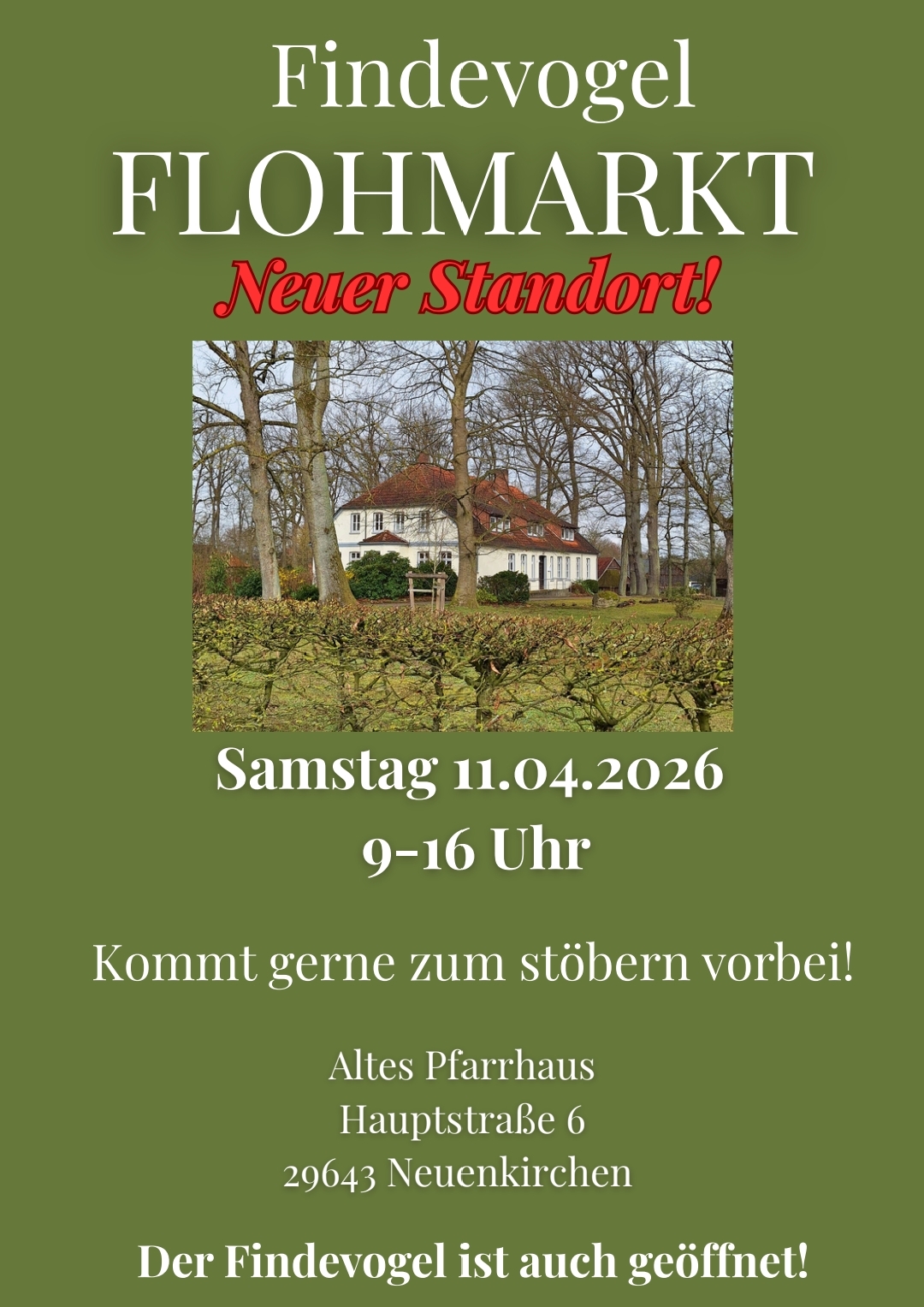 Plakat FindeVogel Flohmarkt Plakat FindeVogel Flohmarkt am 11.04.2026 im alten Pfarrhaus, Hauptstraße 6 Neuenkirchen