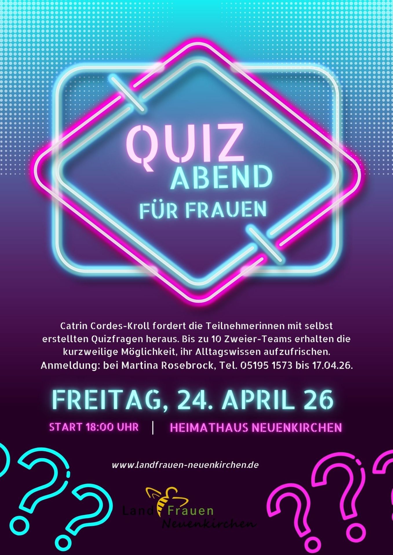 Plakat für Quizabend LandFrauen am 24. April um 18.00 Uhr