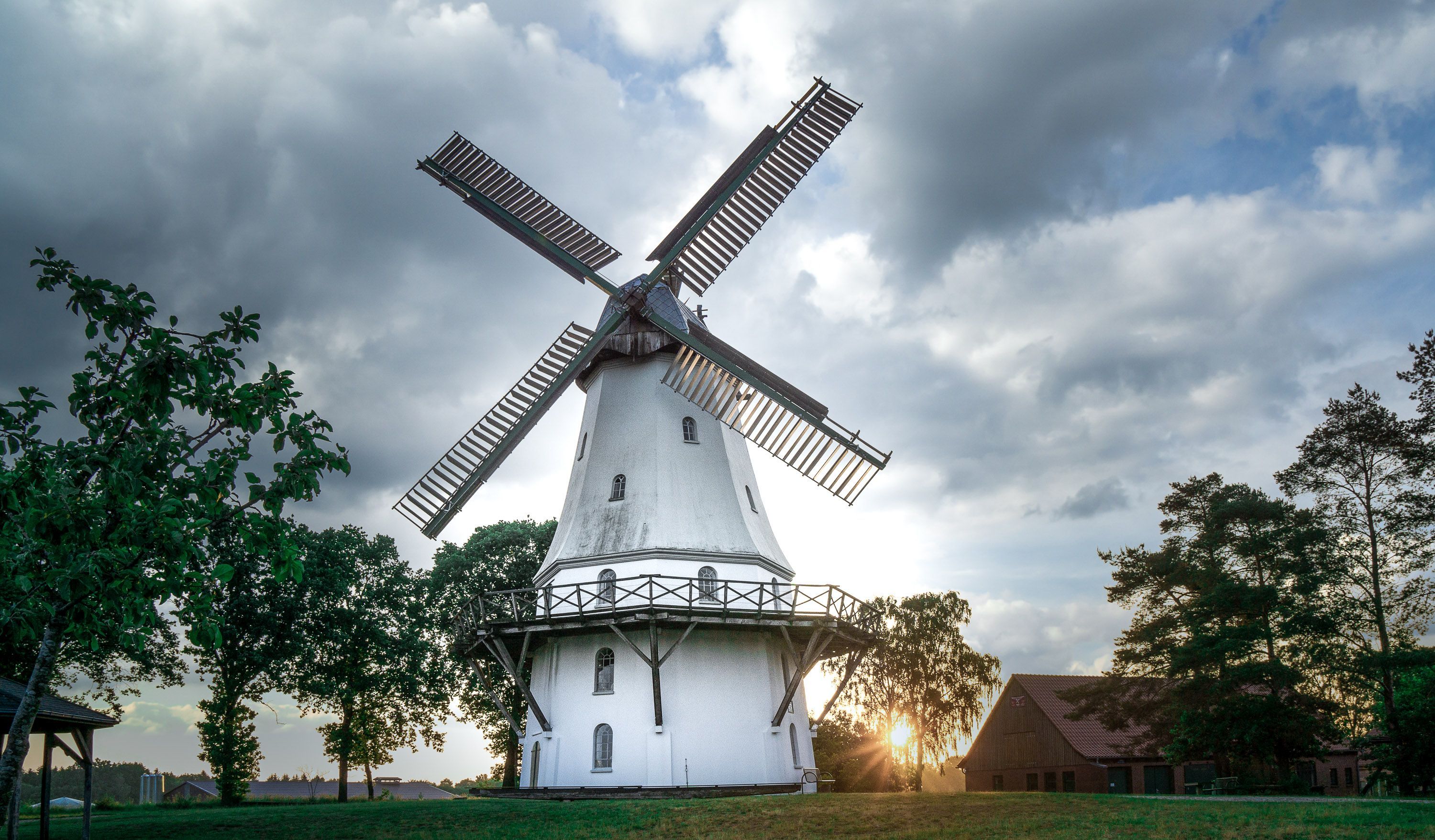 Sprengeler Windmühle im Abendlicht Sonnenuntergang hinter der Sprengeler Mühle
